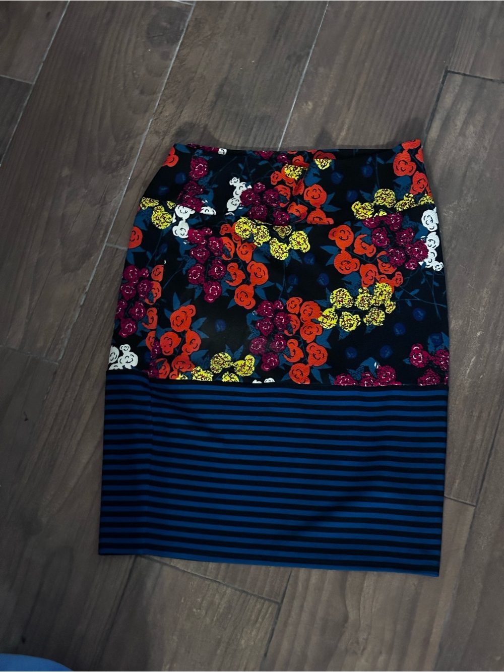 LuLaRoe Black Pencil Skirt with Multicolor Floral and Navy Stripe